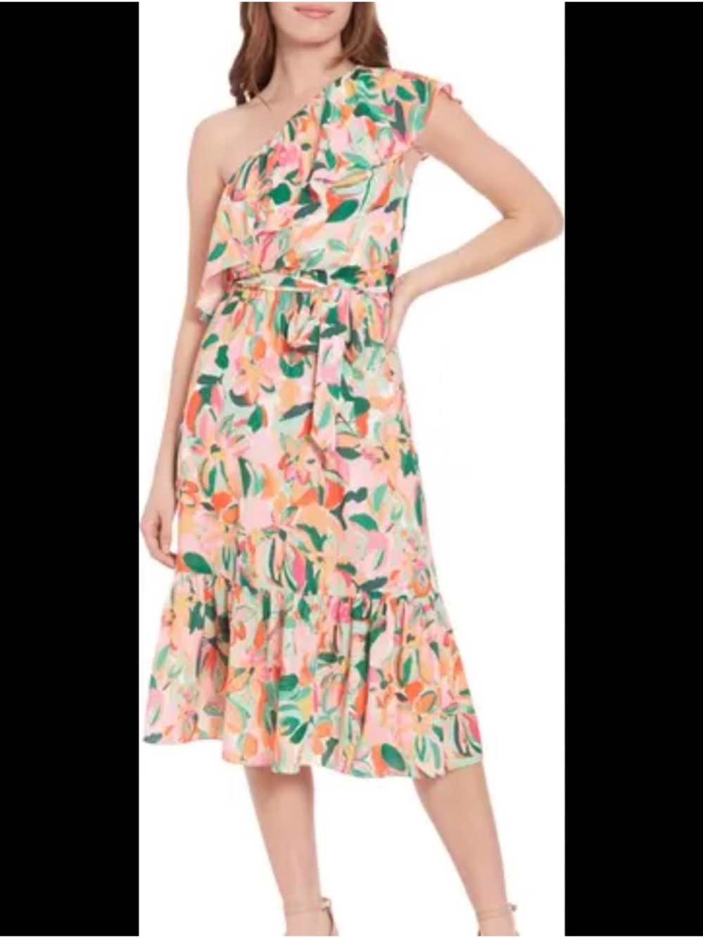 One-Shoulder Floral Midi Dress Pink Green Ruffle London Times 12 NEW Derby